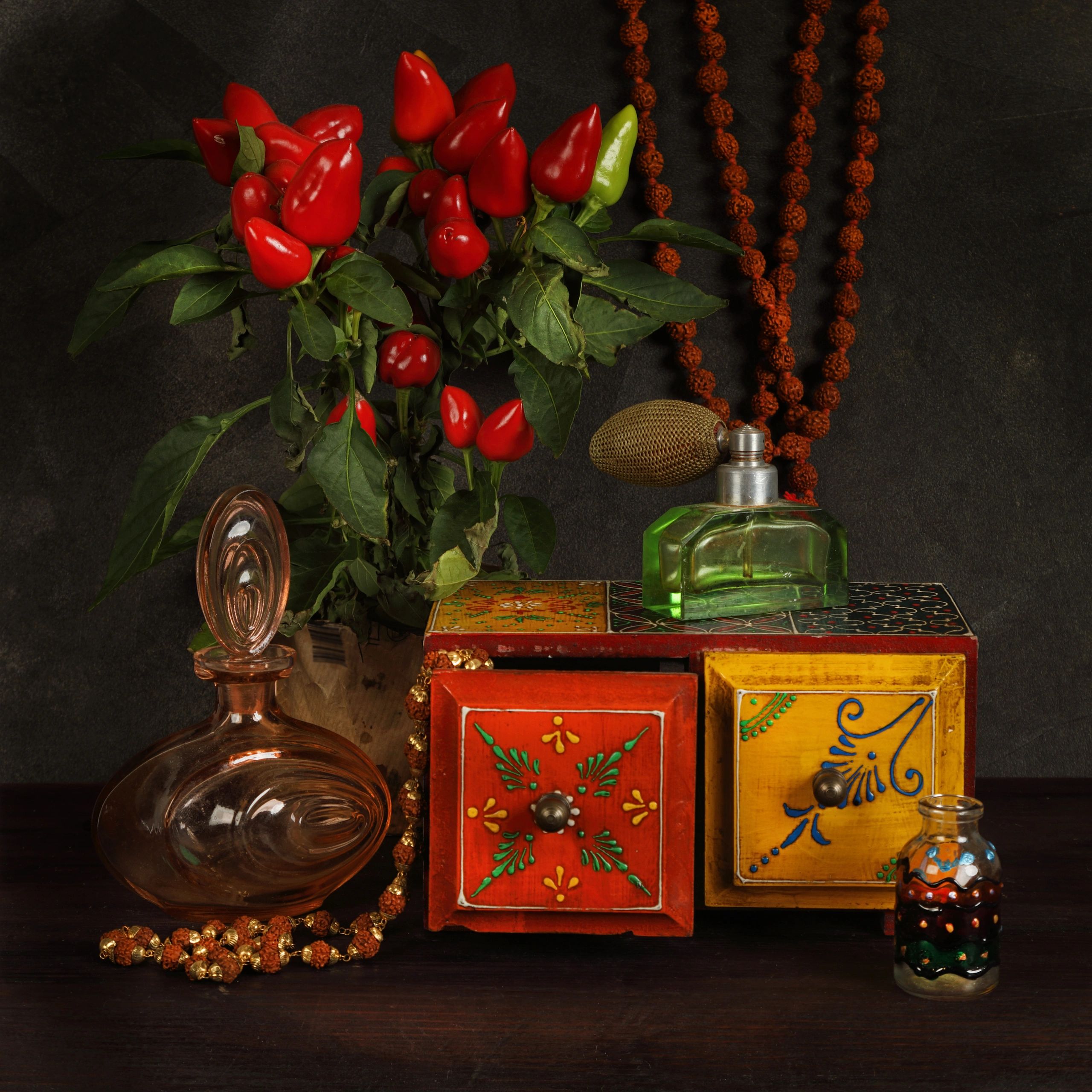 Vintage perfume and jewelry vanity still life