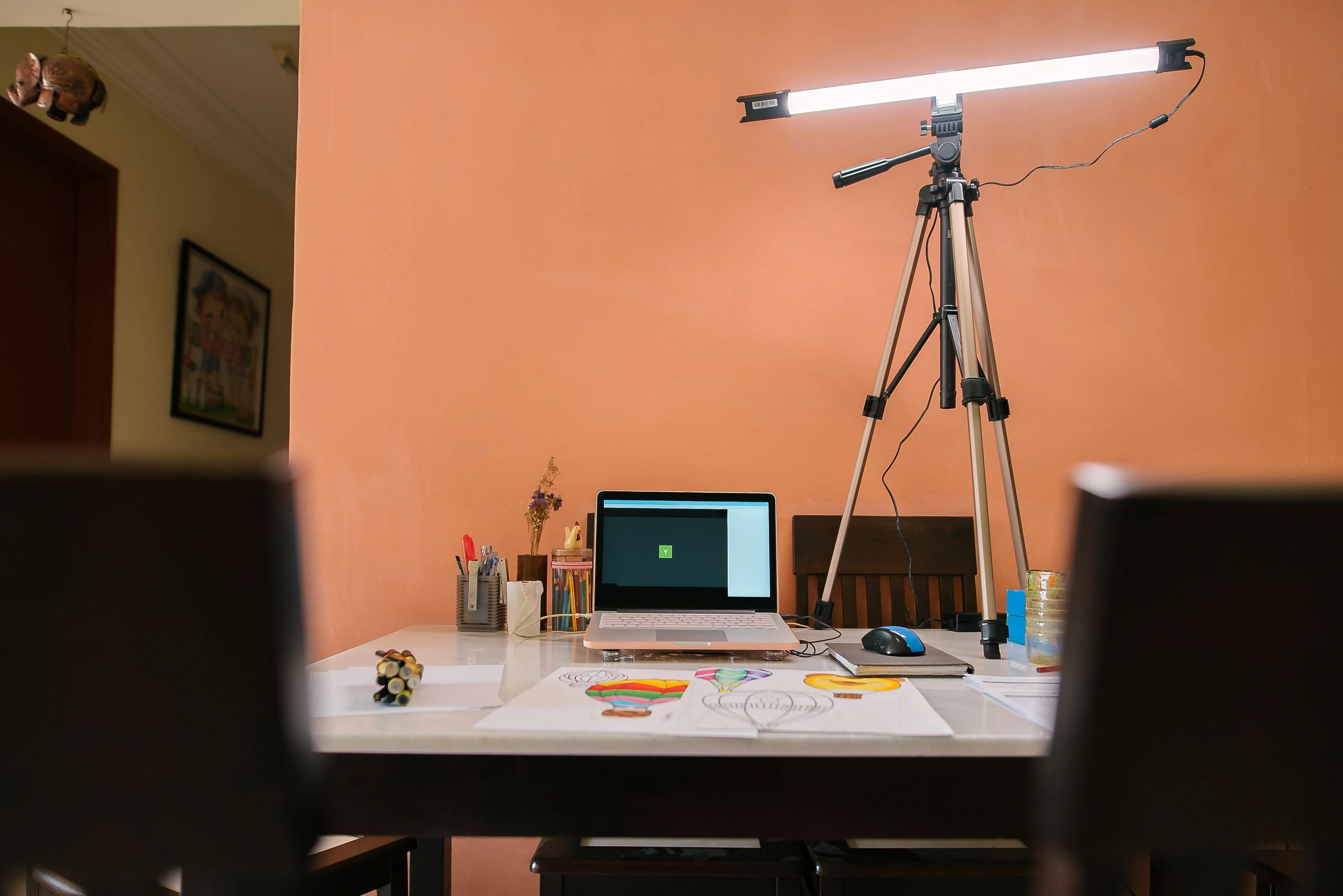 Creative workspace with art tools and materials