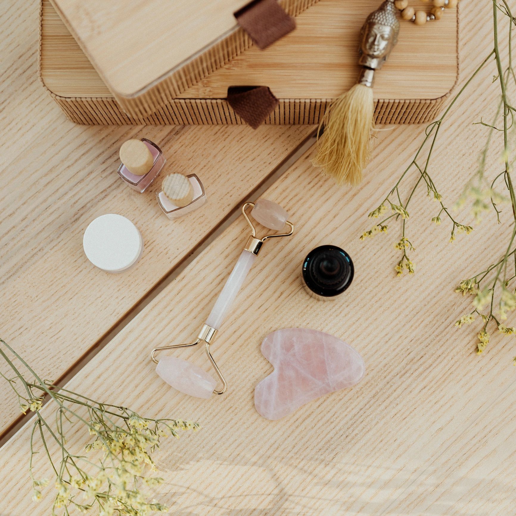 Curated self-care products still life