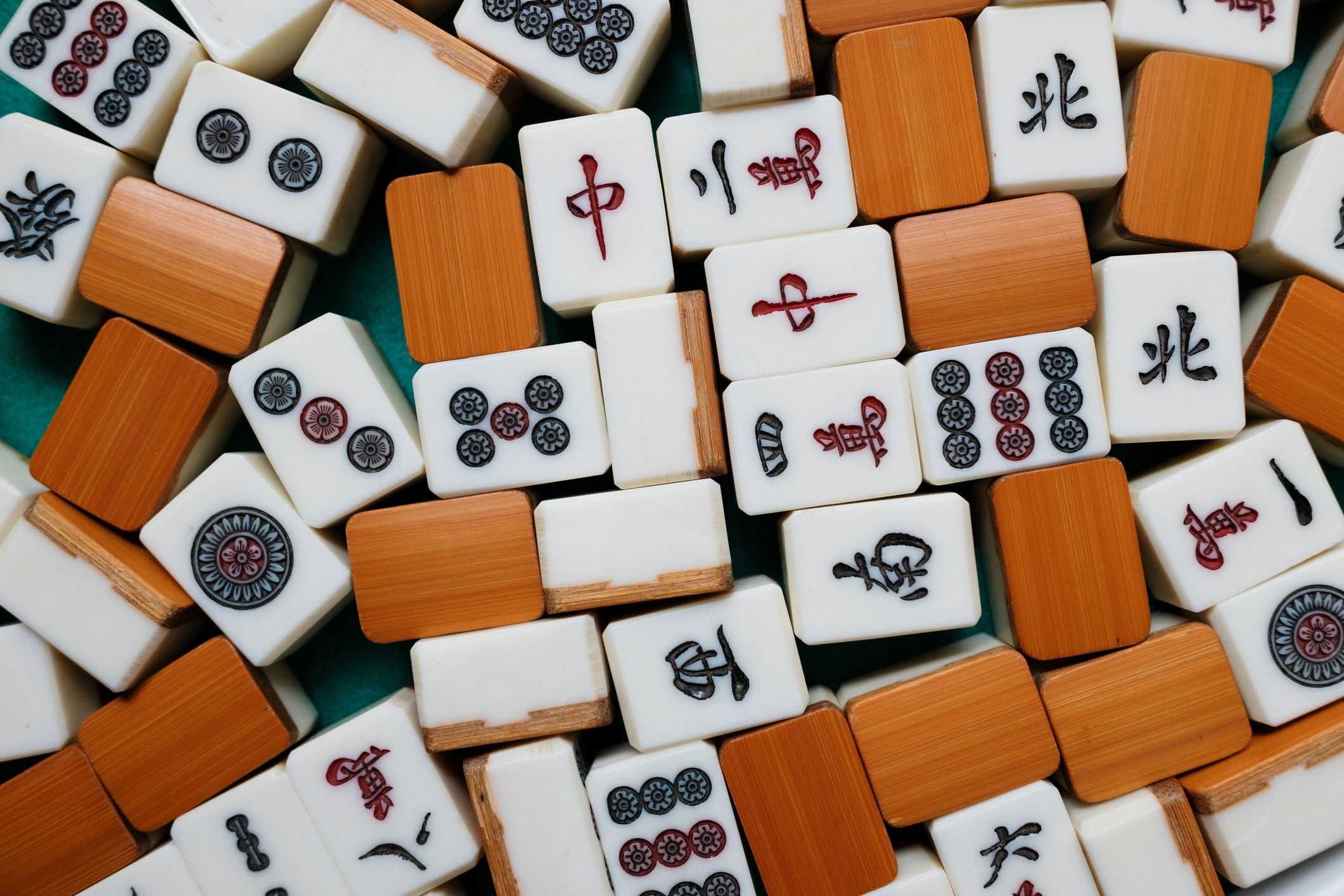 Mahjong tiles arranged on a game table