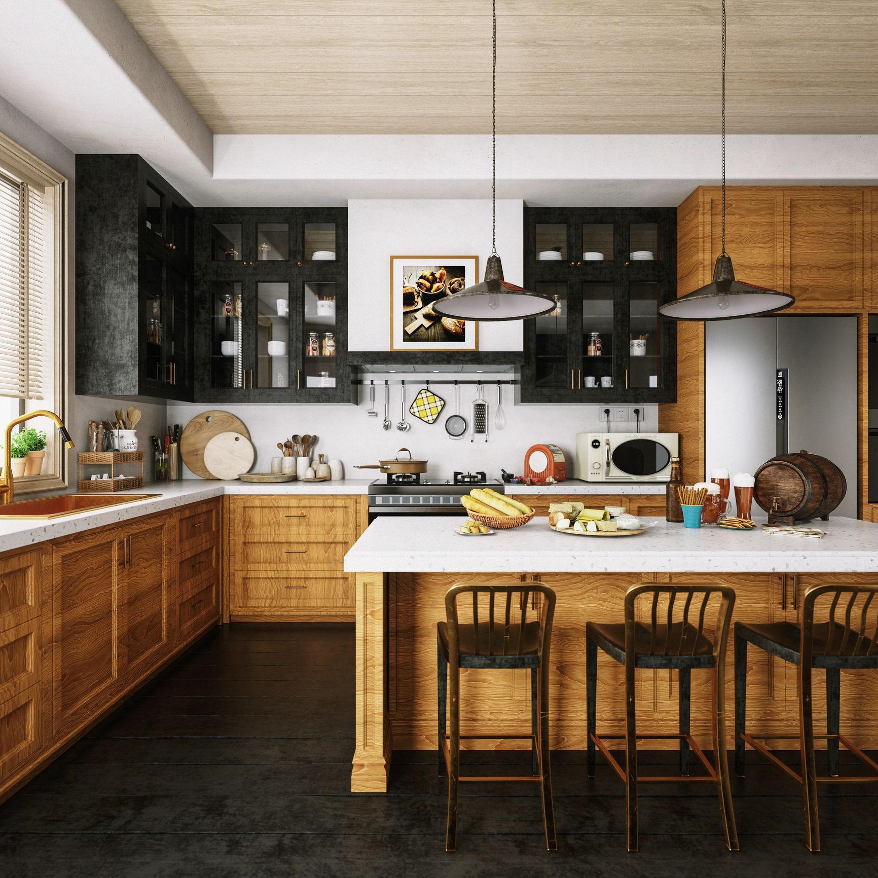 Modern kitchen with natural wood accents and black cabinetry