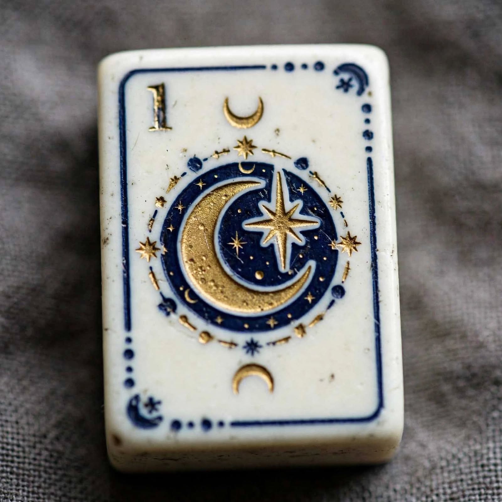 Celestial mahjong tile with a gold crescent moon and star motif